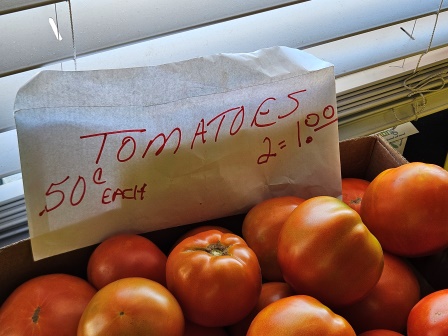 Small town tomato sales, one is .50 cents OR two for a $1.00! What, no discount?