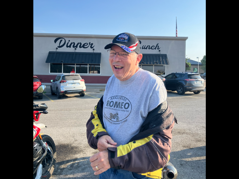 Mike’s back and really behaving.  He decided to take off his jacket and have breakfast with us. Still has that great smile.