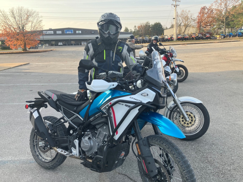 Glenn Brouwer all decked out with his fully broken in 2025 CFMOTO 450 twin. Glenn led us down to Guffy’s.
