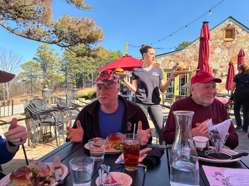 Leo finished his delicious fried cod appetizer and was wondering .. now what ! He looked very satisfied and at peace. Fred was chewing, sleeping and describing the size of something all at the same time. Again, we are glad he came back to hang out with us.