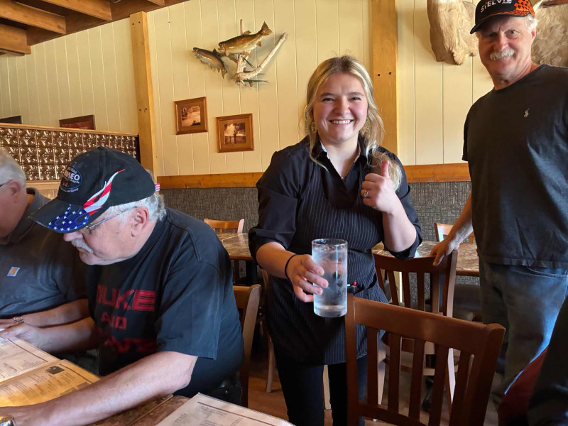 Fred told Shelby to pour that ice water on me. I also owed Neil lunch today because he bought my lunch at Fun Days this week. I think I had a $7 hamburger and a coke. He decided to order the pecan crusted crab and shrimp roasted trout dinner. Thanks Neil. No .. Neil is thoughtful. He just got the $17 dollar basic burger.