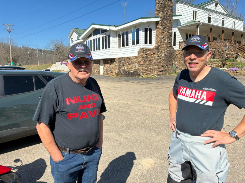 Neil Smith and Mike Newlun. Like the  Nuke and Pave shirt. Think that refers to reformatting a computers hard drive. Mike is also a big Yamaha man. I am too. I’ve had a number of them. All two strokes. Love those two strokes. Also, you are looking good Mike. 180 yet ?! I’m jealous.