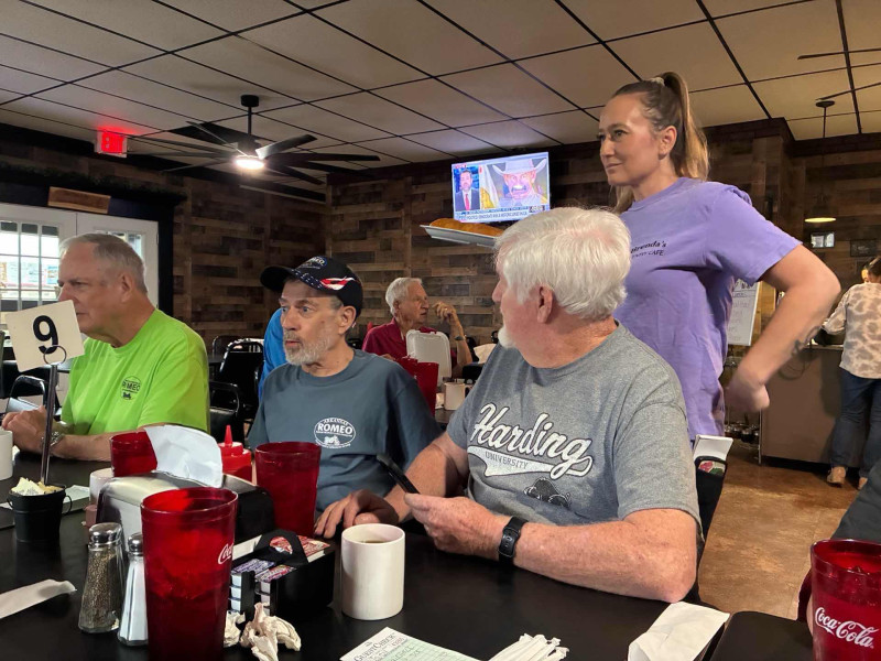 The asst. manager was called over to our table because Mike Rowland would not stop whistling that creepy tune Ring Around The Rosy. Joey was practically shouting at him to stop. A lot of us are thinking that the Bakersfield flat tire drama is still affecting Mike as well as others.
