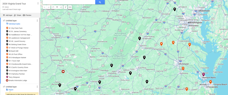 2026 Virginia Grand Tour.  Black dots this trip!!