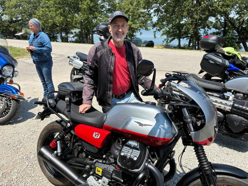 Mike Rowland and his beautiful V7 Moto Guzzi. Mike told me if he cannot lower the seat one more inch .. he’d sell it to me for what he paid .. including the pipes .. accessories.