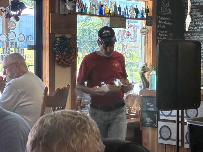 Mike Rowland wanted to make sure he ordered something that would agree with him .. so he bought two sandwich baskets. Just 44 dollars and some change. Mike was in a great mood today despite the heat and driving through asphalt on his beautiful new V7. Asphalt being spread everywhere !!! Hard to avoid it.