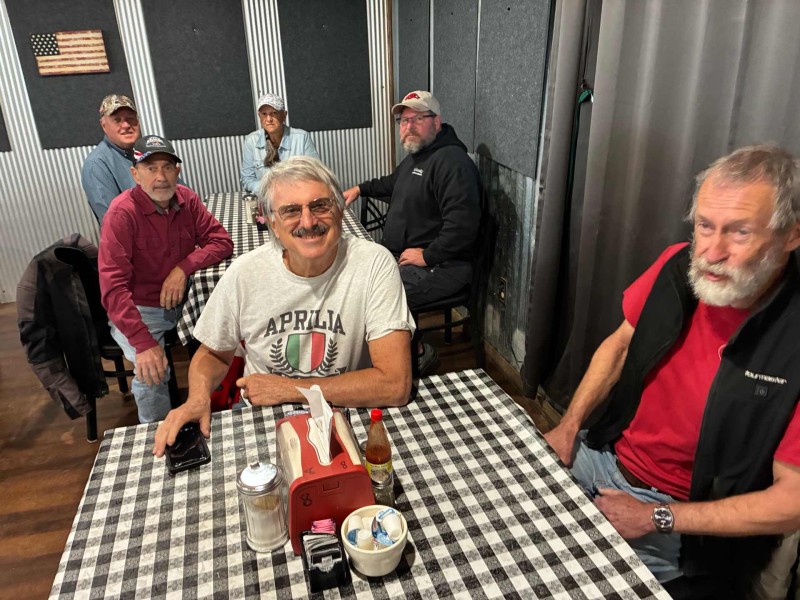 Jim Eickman, Bill Harakidas, very soon to be six bike Mike Rowland, Mike and Marsha McClendon and our Navy man Darren Cranford.